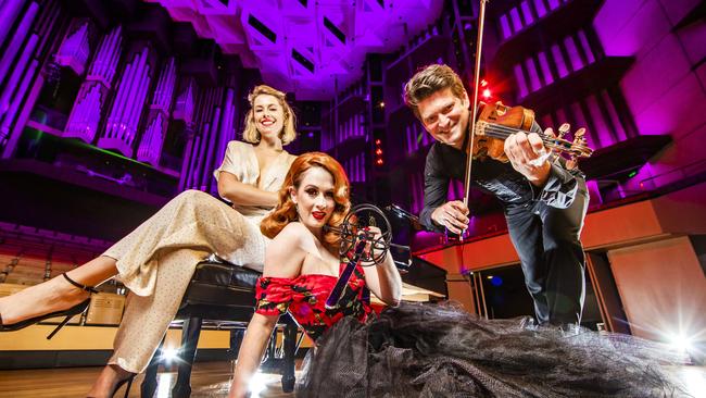 Musical theatre star Amy Lehpamer, sword swallower and striptease artist Jacqueline Furey and Brendan Joyce of Camerata are all excited to be party of QPAC Unlocked. Picture: Nigel Hallett