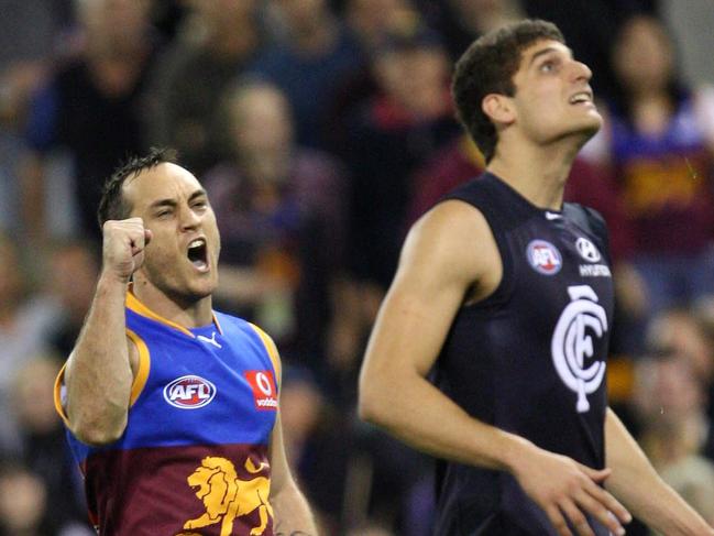 05/09/2009 Daniel Bradshaw of the Lions celebrates kicking the winning goal during the second AFL Elimination Final played between the Brisbane Lions and Carlton played at the Gabba. Pic DARREN ENGLAND.