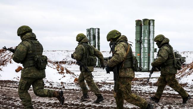 Russian soldiers enters combat duty near the Crimean town of Dzhankoy twelve miles away from the Ukrainian border. Picture: Getty Images