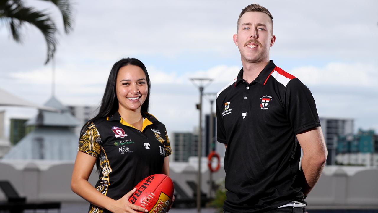 AFL Cairns released its senior men’s, reserves and women’s fixtures on Tuesday. North Cairns Tigers' Tarin Moke and Cairns Saints' Jake O'Halloran. Picture: Stewart McLean