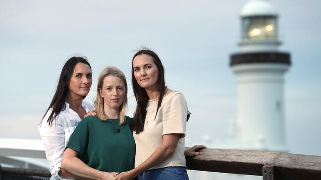 30/10/2019:  Concerned locals who began a spontaneous and ongoing search effort Sheri D'Rosario and twin sisters (L-R) Jaclyn Scott (in white shirt) and Renee Scott, when Belgian national Theo Hayez went missing in strange circumstances near the light house on Cape Byron at Byron Bay, northern NSW. Lyndon Mechielsen/The Australian