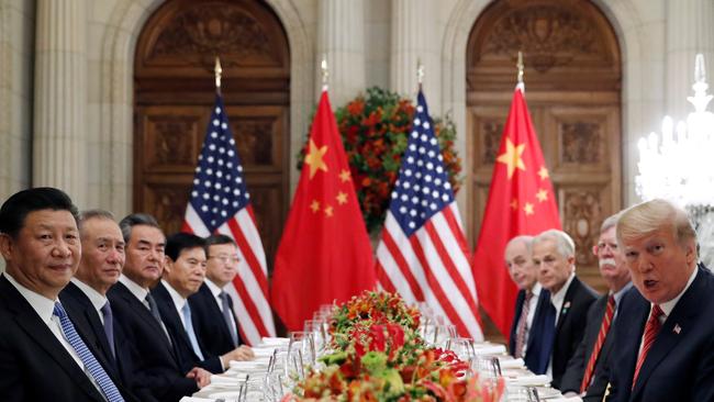 US President Donald Trump, US Secretary of State Mike Pompeo, then national security adviser John Bolton and Chinese President Xi Jinping attend a working dinner after the G20 leaders summit in Buenos Aires in 2018.