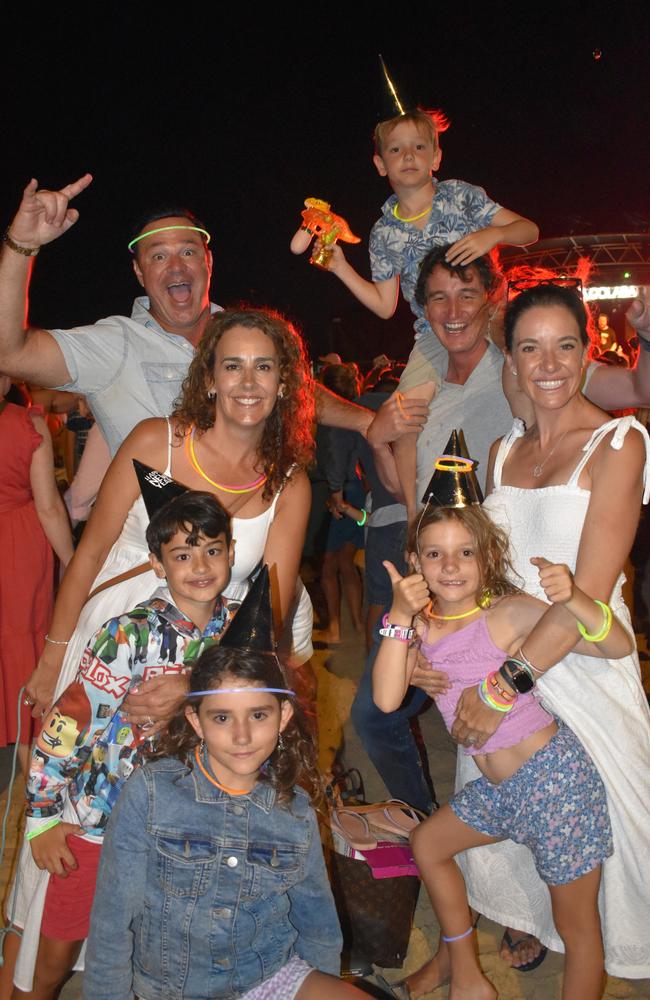 Danya, Alex, Caroline, Sam and kids (no surnames given) celebrating New Year's Eve 2022 at Mooloolaba. Photo: Elizabeth Neil