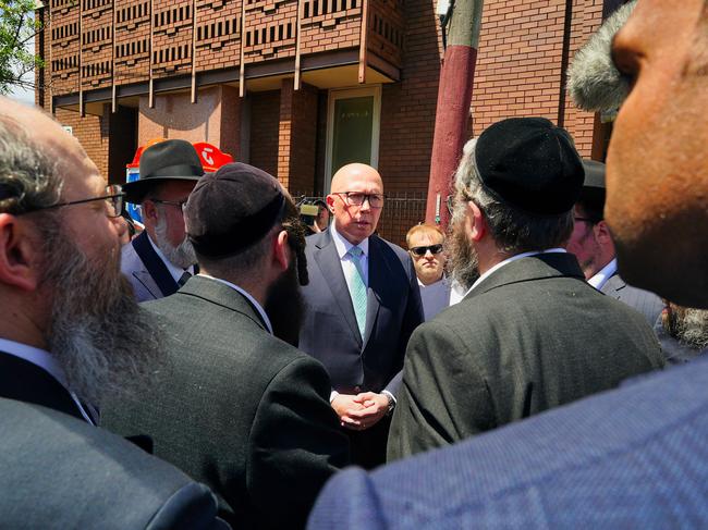 MELBOURNE AUSTRALIA - NewsWire Photos DECEMBER 9, 2024: Australian Opposition Leader Peter Dutton visits the Adass Israel Synagogue in Ripponlea following the recent fire.Picture: NewsWire / Luis Enrique Ascui