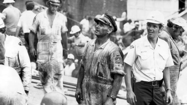 NSW Police rescue squad leader Sergeant Joe Beecroft at the Granville crash site in 1977. Picture: News Limited