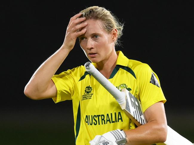 GQEBERHA, SOUTH AFRICA - FEBRUARY 14: Meg Lanning of Australia reacts during the ICC Women's T20 World Cup group A match between Australia and Bangladesh at St George's Park on February 14, 2023 in Gqeberha, South Africa. (Photo by Mike Hewitt/Getty Images)