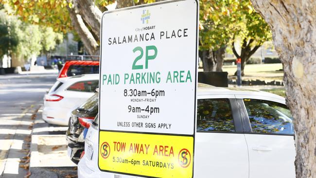 Hobart City Council is under fire about the new parking meters and fnes that are issued for offences not made clear. A 2P parking sign at Salamanca. Picture: MATT THOMPSON