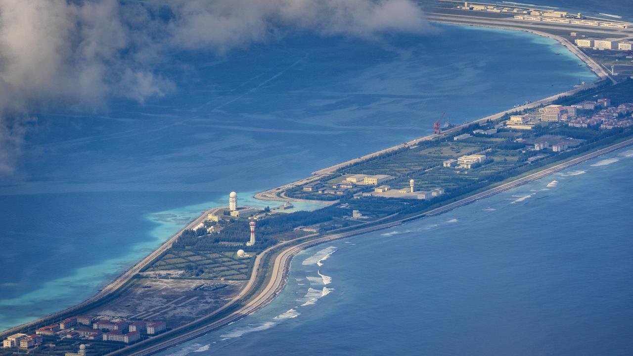 Buildings and structures are seen on the artificial island built by China in Mischief Reef on the Spratly Islands, South China Sea. Picture: Ezra Acayan/Getty Images