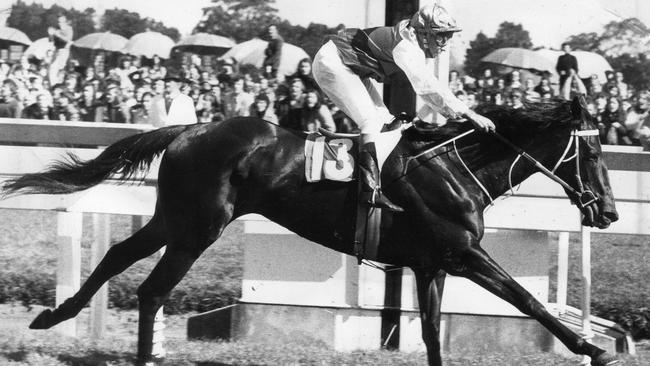 Mick Mallyon winning the 1974 Caulfield Cup atop Leilani.