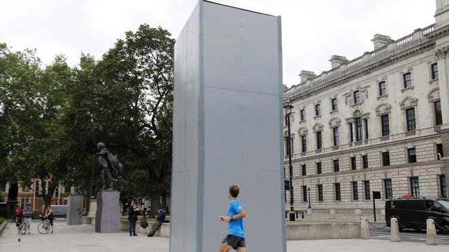 A statue of British wartime Prime Minister Winston Churchill is boarded up in London. Picture: Tolga Akmen/AFP