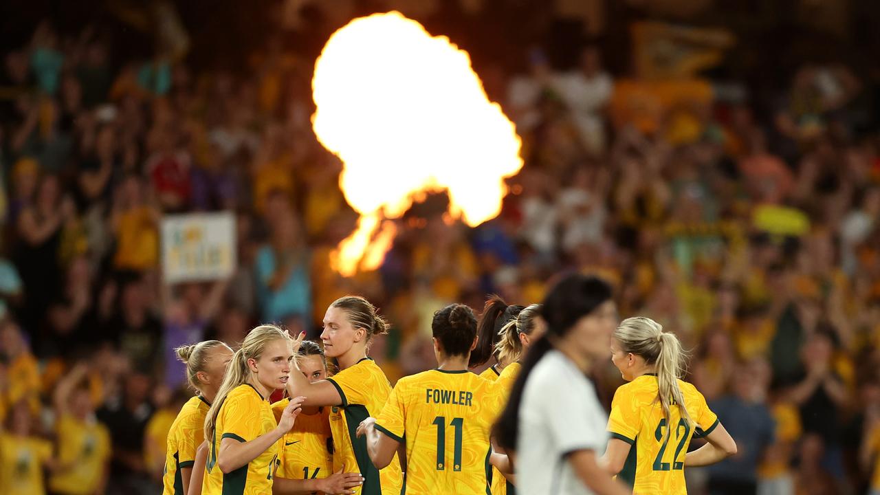 The Matildas celebrate after securing their tickets to Paris. Picture: Robert Cianflone/Getty Images.