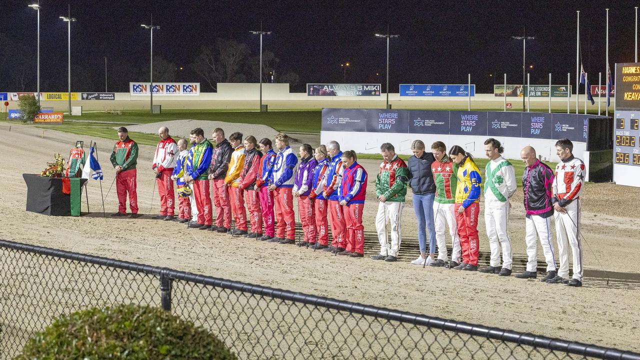 Drivers pay tribute to the late Greg Sugars in an emotion charged night at Melton. Picture: Stuart McCormick.