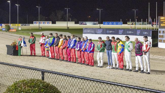 Drivers pay tribute to the late Greg Sugars in an emotion charged night at Melton. Picture: Stuart McCormick.