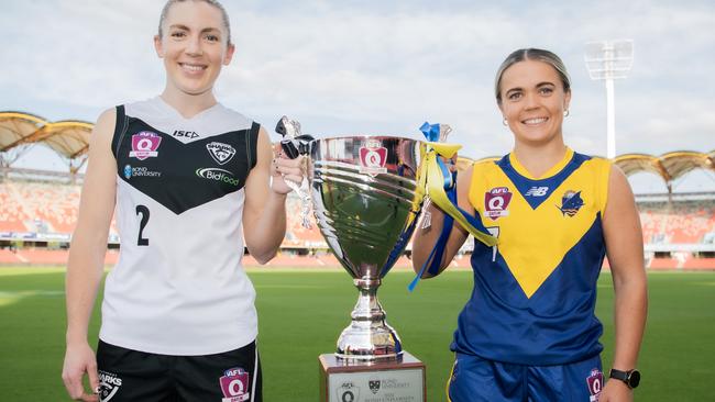 Southport captain Rianna Schipp and Bond Univeristy captain Courtney Sexton ahead of the 2024 QAFLW grand final. Picture: Cavan Flynn Bond Uni.