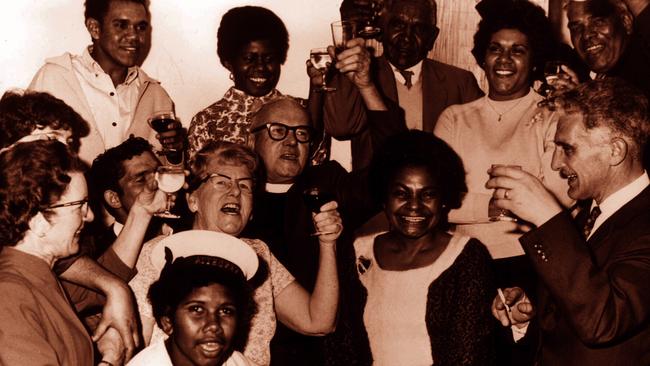 Aboriginal activist Dr Faith Bandler (C) with both Aboriginal and white supporters during 1967 referendum celebrations, as aborigines entitled and obliged to register to vote in elections on same basis as all Australians.