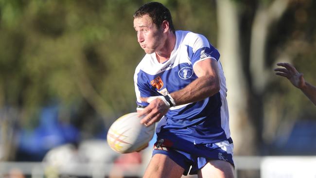 Ghosts Dan Roberts off loads a pass during round 9 NRRRL rugby league clash at McGuren Field Grafton on Sunday between Grafton Ghosts and Murwillumbah Mustangs. Final score 20-14 Mustangs way. Photo Debrah Novak / The Daily Examiner