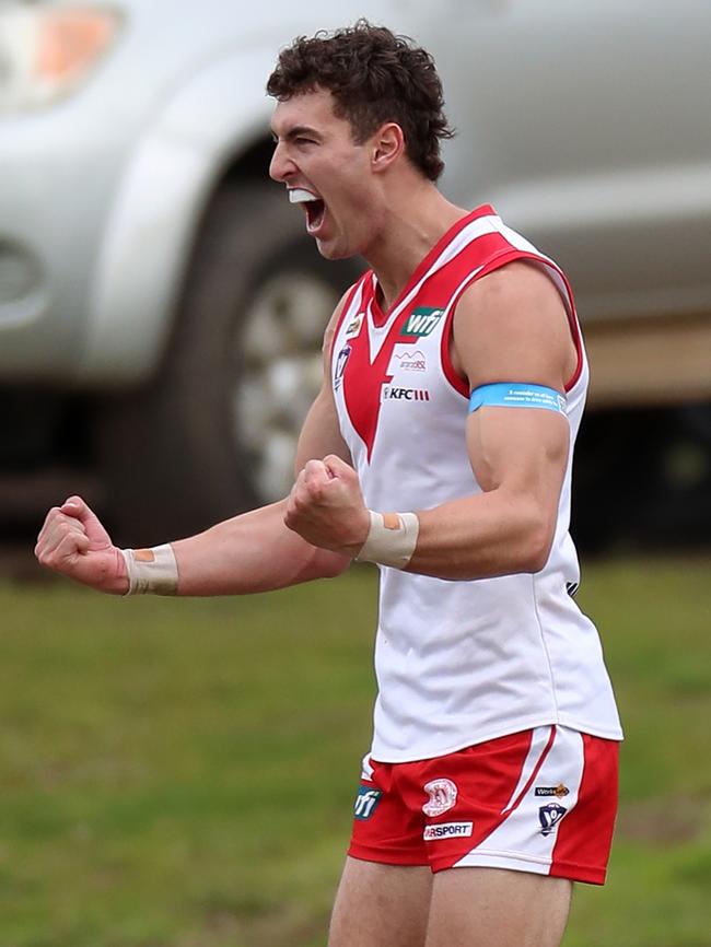 Tom Williamson celebrates one of his five goals for Ararat.