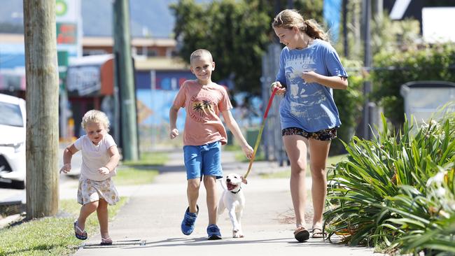 The weather in Cairns is forecast to remain sunny and warm throughout the week. Alissa Ryan, 2, Jordan Ryan, 7, and Sara Ryan, 12, take their Bull Arab cross puppy Marley out for a walk in the fine weekend weather at Edmonton. Picture: Brendan Radke