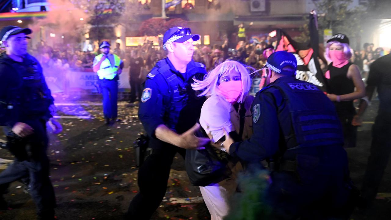 Pro-palestinian protesters sparked chaos as they marched along the parade route about 9.30pm on Saturday. Picture: NCA NewsWire / Jeremy Piper