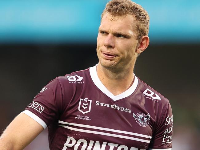 GOSFORD, AUSTRALIA - FEBRUARY 25: Tom Trbojevic of the Sea Eagles looks on during the NRL Trial Match between the Manly Sea Eagles and the Canberra Raiders at Central Coast Stadium on February 25, 2022 in Gosford, Australia. (Photo by Ashley Feder/Getty Images)