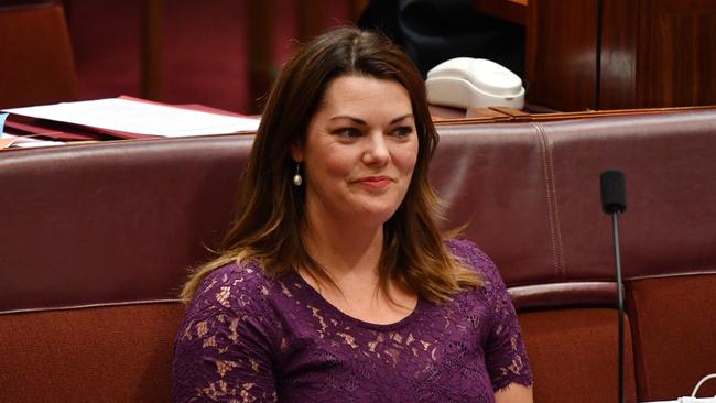 Greens Senator Sarah Hanson-Young during a division in the Senate chamber at Parliament House in Canberra. Picture: Mick Tsikas