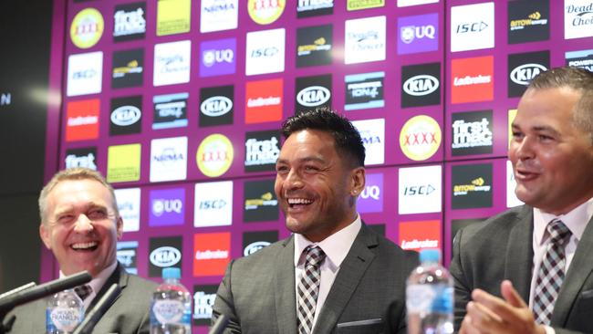 Paul White with Broncos captain Alex Glenn and coach Anthony Seibold. Picture: Peter Wallis