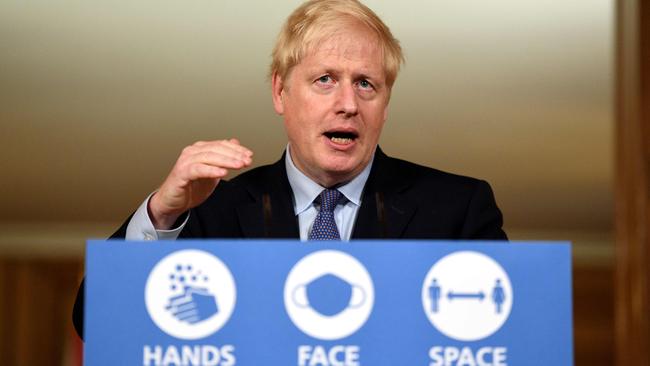 Britain’s Prime Minister Boris Johnson speaks during a virtual press conference inside 10 Downing Street in central London. Picture: AFP