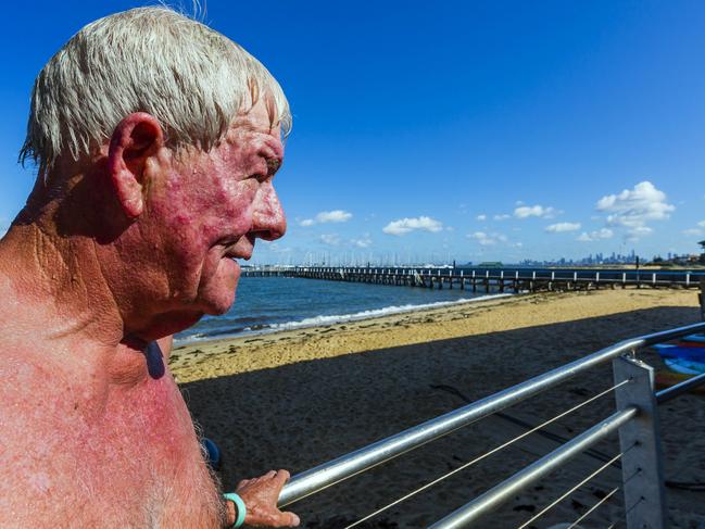 #snapmelbourne Week 17 theme : How our city wakes up. Beach swimmers. Brighton Baths. Keith Forbes who is an 'iceberger' and swims every morning for the last 54 years. Picture: Valeriu Campan