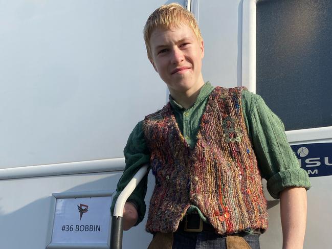 Orange 16-year-old Knox Gibson off the set of the movie Hunger Games: The Ballad of Songbirds &amp; Snakes.