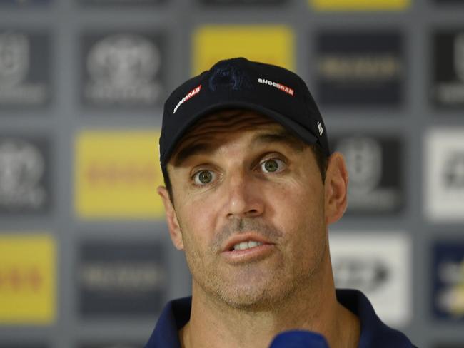 TOWNSVILLE, AUSTRALIA - MARCH 13:  Bulldogs coach Trent Barrett speaks to the media before the start of the round one NRL match between the North Queensland Cowboys and the Canterbury Bulldogs at Qld Country Bank Stadium, on March 13, 2022, in Townsville, Australia. (Photo by Ian Hitchcock/Getty Images)