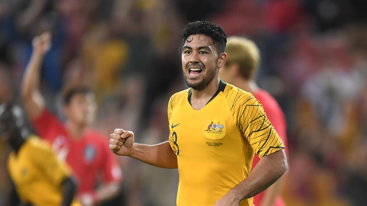 Massimo Luongo celebrates scoring for the Socceroos against South Korea in 2018. Picture: Albert Perez/Getty Images