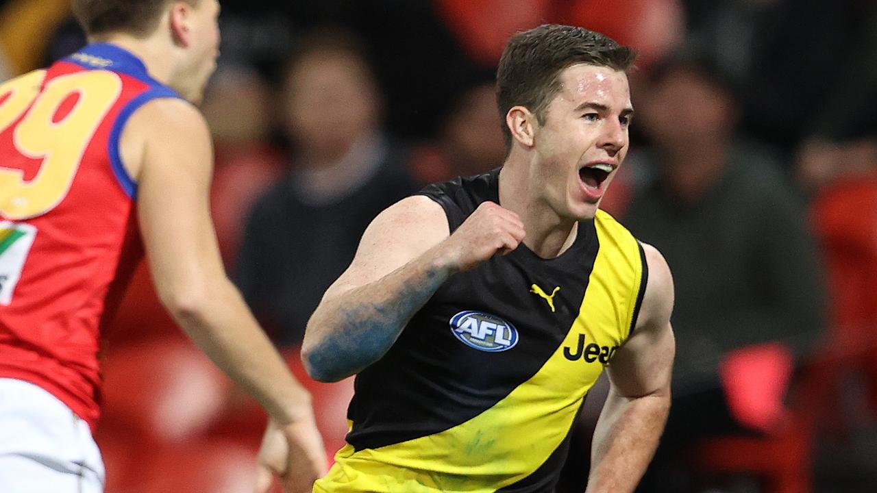 Jack Higgins celebrates a goal for the Tigers. Picture: Michael Klein