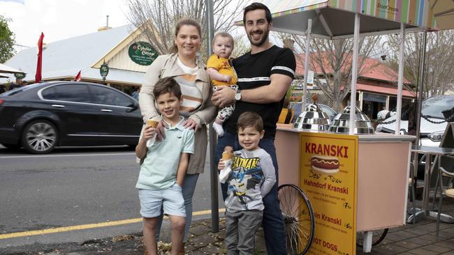 Brooke and Zac Bratis with their children Kosta, Leon and Ari in Hahndorf: “It would just make life easier knowing you can get in and get out.” Picture: Emma Brasier