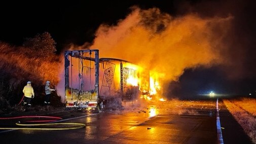 Fire crews attended to extinguish the B-double truck on the Hume Highway near Gunning. Picture: Fire and Rescue NSW