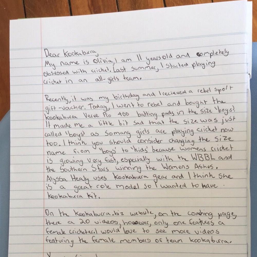 Brisbane girl pens letter to Kookaburra Cricket about gear for girls ...