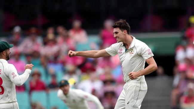 Australia's Pat Cummins celebrates bowling Glenn Phillips of New Zealand during Day 3 of the Sydney Test match between Australia and New Zealand at the SCG. Picture. Phil Hillyard