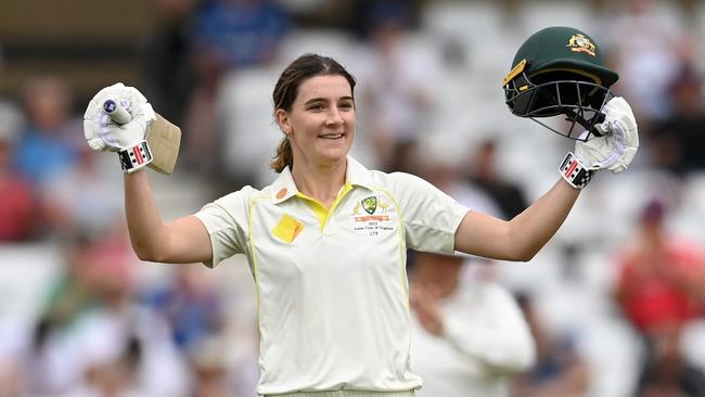 Annabel Sutherland hit an unbeaten 137 on day two of the women’s Ashes Test. Picture: Gareth Copley/Getty Images