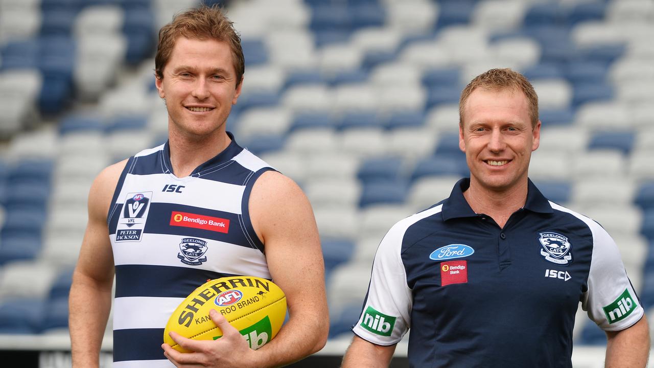 Former Geelong assistant coach Matthew Knights (right) and Troy Selwood (left) at Kardinia Park.