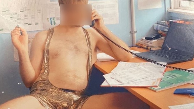 One image shows a teacher sitting shirtless while wearing a revealing glittery-gold costume with his legs open on a chair.