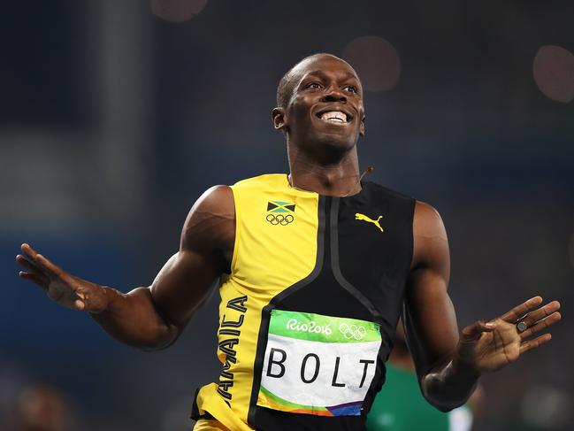 Usain Bolt of Jamaica celebrates winning the Gold medal over USA's Justin Gatlin in the Men's 100m Final during Day 9 of the Rio 2016 Olympic Games. Picture. Brett Costello