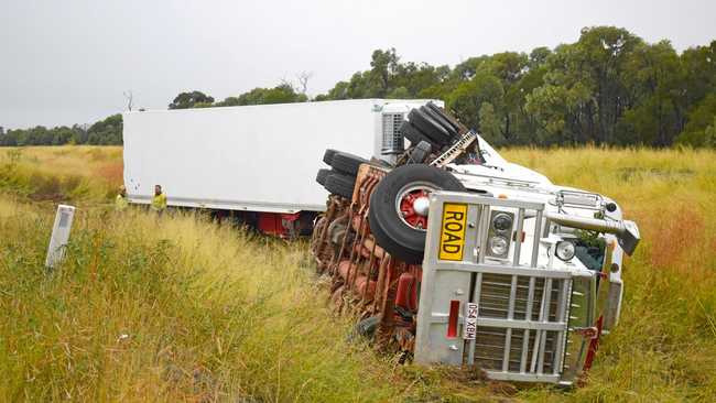 NO INJURIES: The beer truck veered of the Warrego Highway 5km west of Chinchilla on Tuesday night. Picture: Brooke Duncan