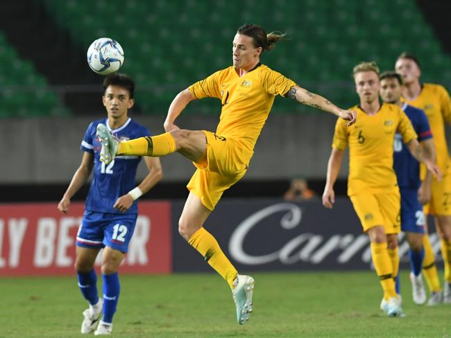 KAOHSIUNG, TAIWAN - OCTOBER 15: Jackson Irvine of team Australia pass the ball during the FIFA World Cup Qatar 2022 and AFC Asian Cup China 2023 Preliminary Joint Qualification Round 2 match between Chinese Taipei and the Australia Socceroos at Kaohsiung National Stadium on October 15, 2019 in Kaohsiung, Taiwan. (Photo by Gene Wang for Getty Images/Getty Images)