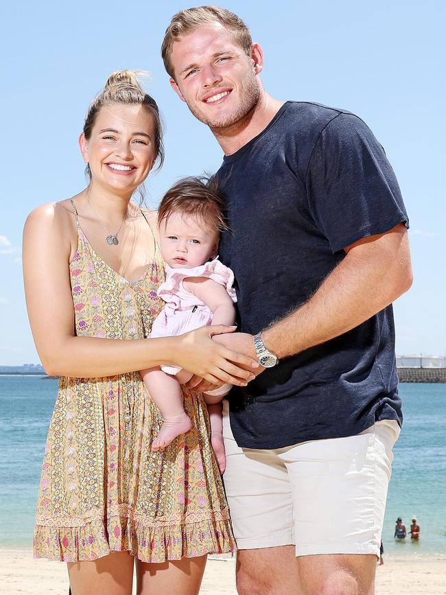 Tom Burgess and Tahlia Giumelli with their baby daughter Sophie. Picture: Tim Hunter.