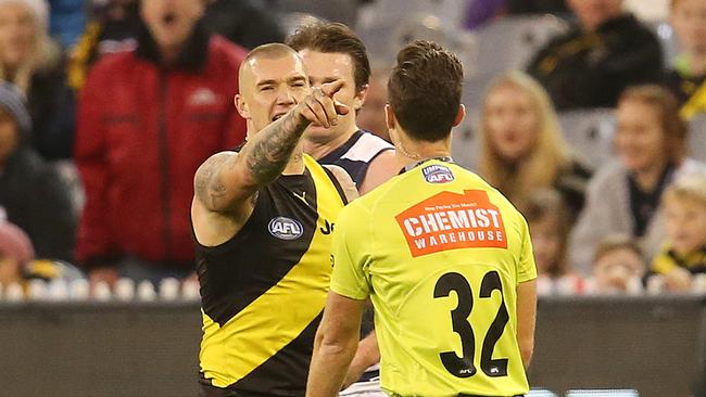 Richmond star Dustin Martin was fined for making contact with umpire Jacob Mollison. Picture: Michael Klein