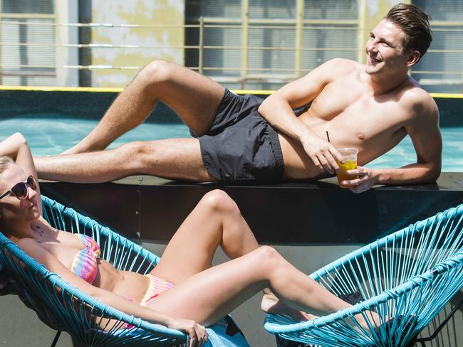 Adelphi Pool Party. Sun seekers enjoy the rooftop pool at the Adelphi Hotel, as part of the Adelphi Hotel Pool Party. Ryan Beal and Jenny Shepherd poolside. Picture: Eugene Hyland