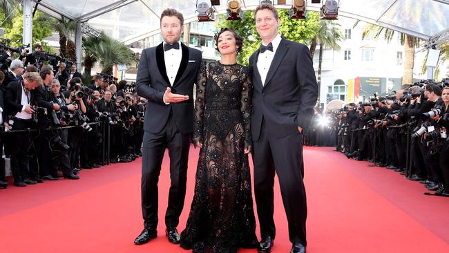 Joel Edgerton and his co-star in Loving Ruth Negga are joined by the film’s director Jeff Nichols at a screening of the film "Loving" at the 69th Cannes Film Festival. Picture: AFP