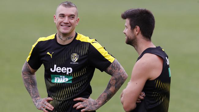 Dustin Martin laughing with Trent Cotchin at training. Picture: Michael Klein