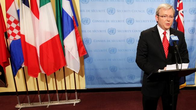 Then prime minister Kevin Rudd holds a press conference at the UN headquarters in New York. Picture: Anthony Reginato