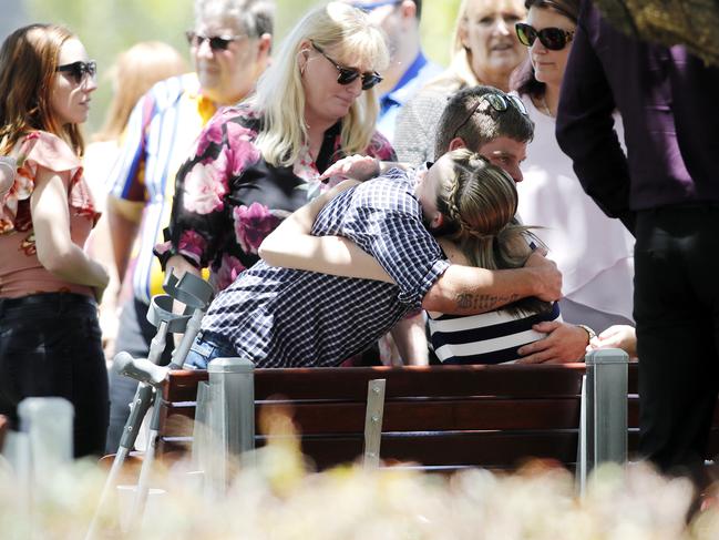 Friends and family pictured at the funeral of Karin and Makayla Tritton. Picture: AAP Image/Josh Woning