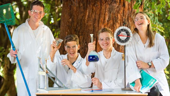 Bendigo Senior Secondary College students celebrate as they can now study subjects like Ancient History by connecting with a teacher and classmates at other schools through video and online conferencing. Picture: Jason Edwards